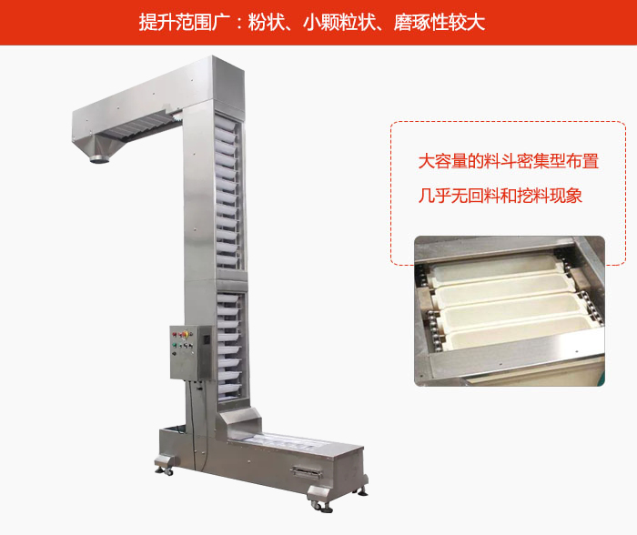 Z型斗式提升機(jī)的提升范圍廣：粉狀，小顆粒狀，磨琢性較大的物料都可輸送。