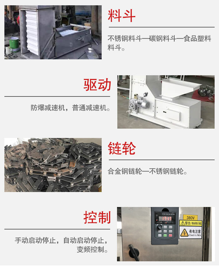 z型斗式提升機(jī)料斗：不銹鋼料斗-碳鋼料斗-食品塑料料斗。驅(qū)動裝置采用的式防爆減速機(jī)，普通減速機(jī)兩種。鏈輪采用合金鏈輪-不銹鋼鏈輪控制器：手動啟動/停止，以及自動啟動停止。