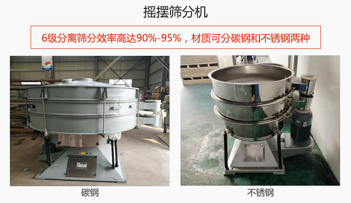 搖擺篩分機(jī)6級(jí)分離篩分效率高達(dá)90%-95%，材質(zhì)可分碳鋼和不銹鋼兩種。