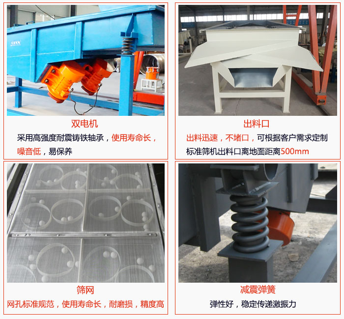 1030直線振動(dòng)篩雙電機(jī)采用高強(qiáng)度耐震鑄鐵軸承使用壽命長、噪音低，易保養(yǎng)；出料口排料迅速，不堵口，可根據(jù)客戶需求定制，標(biāo)準(zhǔn)機(jī)器出料口離地面距離500mm;篩網(wǎng)網(wǎng)孔標(biāo)準(zhǔn)規(guī)范、使用壽命長，耐磨損、精度高；減震彈簧：彈性好，穩(wěn)定傳遞激振力。