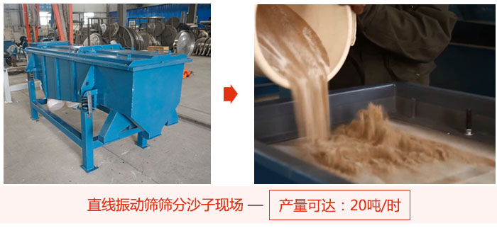 直線振動篩篩分沙子現場展示，產量高達20噸每小時。