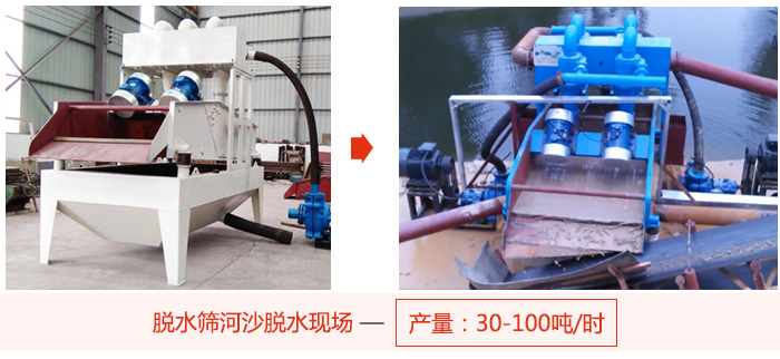 脫水篩河沙脫水現場，產量可達100噸每小時。